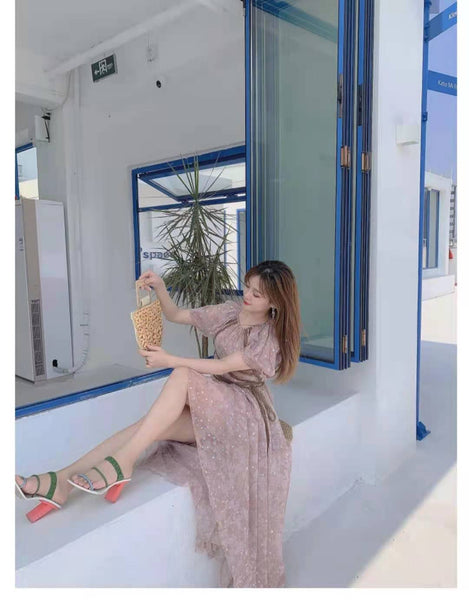 Temperament Chiffon High Waist Lace Floral Printed Long Purple Dress