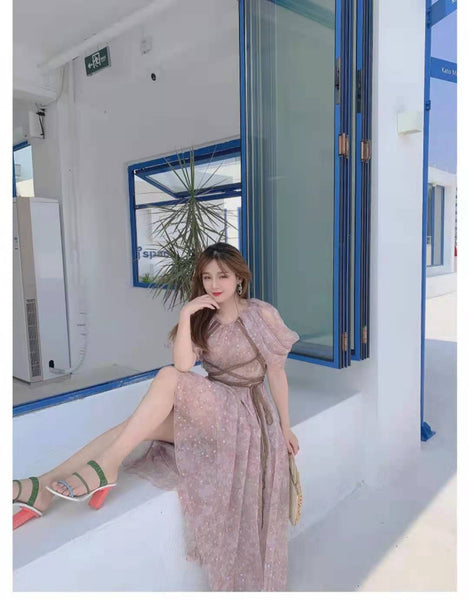 Temperament Chiffon High Waist Lace Floral Printed Long Purple Dress