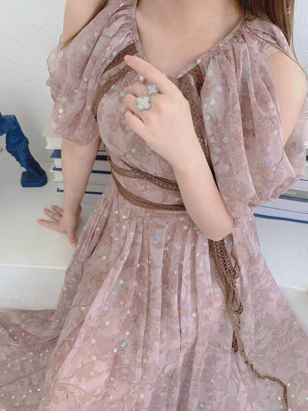 Temperament Chiffon High Waist Lace Floral Printed Long Purple Dress