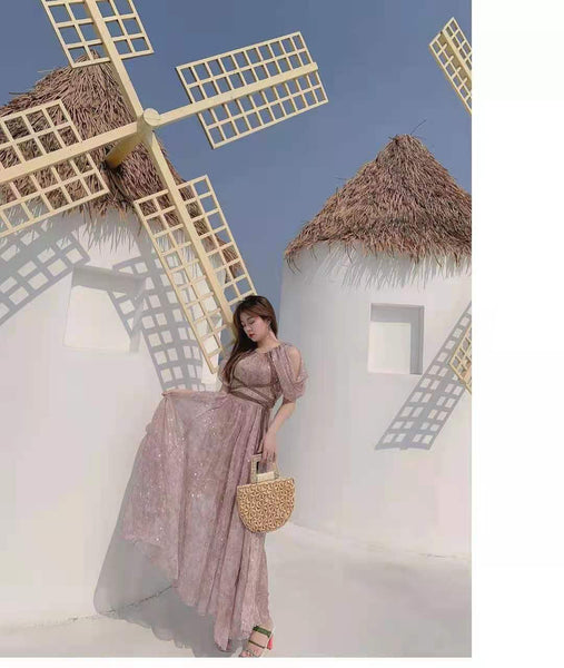 Temperament Chiffon High Waist Lace Floral Printed Long Purple Dress