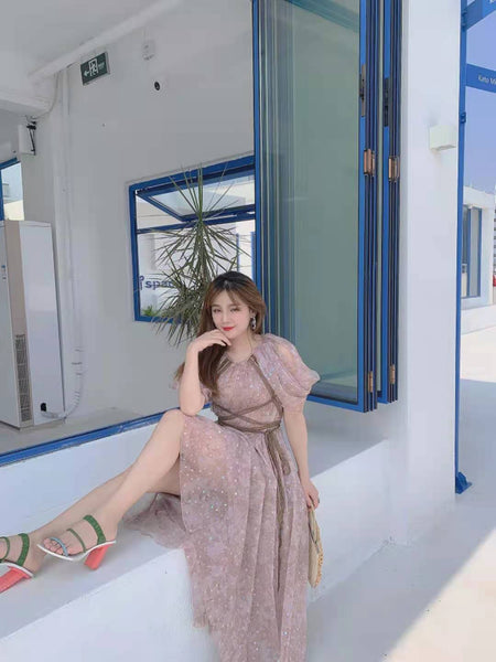 Temperament Chiffon High Waist Lace Floral Printed Long Purple Dress