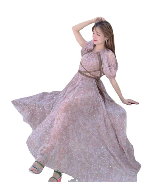 Temperament Chiffon High Waist Lace Floral Printed Long Purple Dress