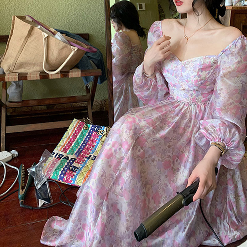 Trendy Fashion Design Fairy Square Collar Retro Long Sleeves Floral Dress