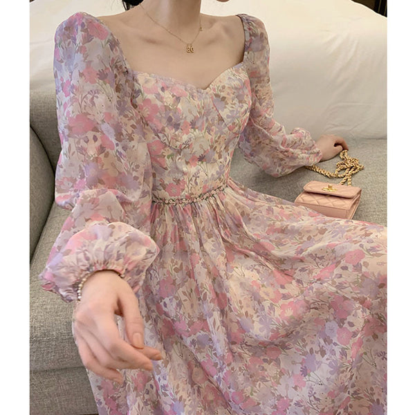 Trendy Fashion Design Fairy Square Collar Retro Long Sleeves Floral Dress