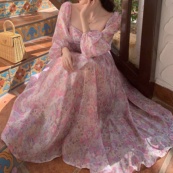 Trendy Fashion Design Fairy Square Collar Retro Long Sleeves Floral Dress