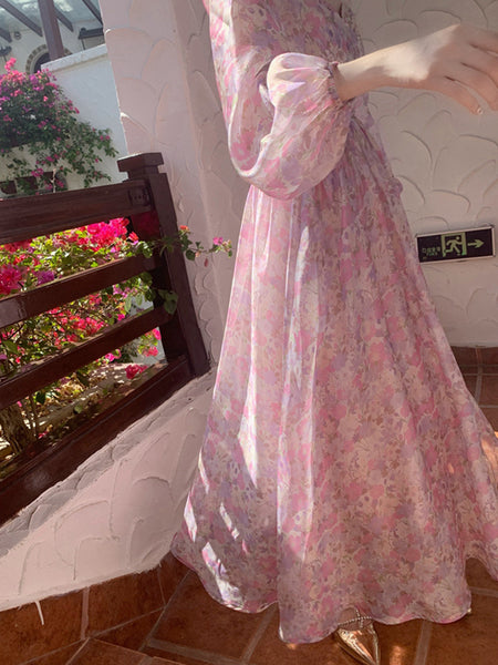 Trendy Fashion Design Fairy Square Collar Retro Long Sleeves Floral Dress
