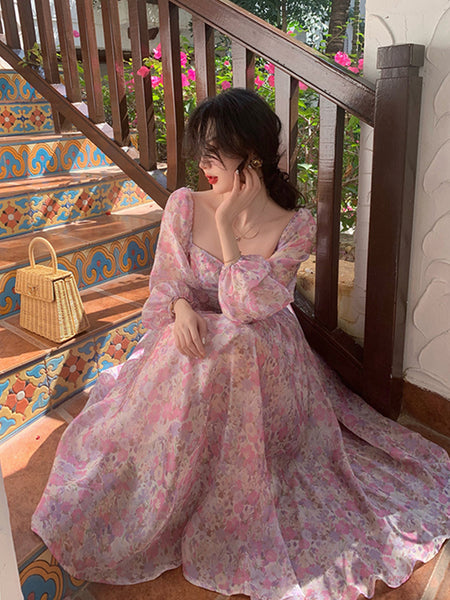 Trendy Fashion Design Fairy Square Collar Retro Long Sleeves Floral Dress