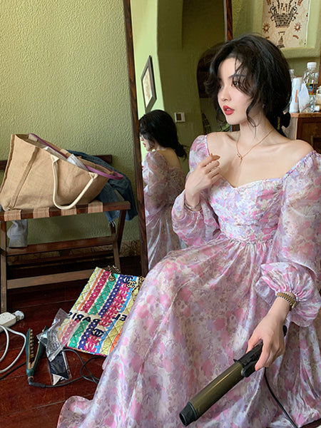 Trendy Fashion Design Fairy Square Collar Retro Long Sleeves Floral Dress