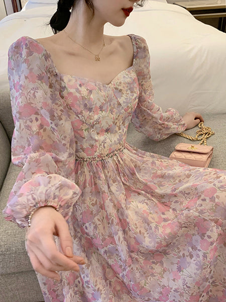 Trendy Fashion Design Fairy Square Collar Retro Long Sleeves Floral Dress