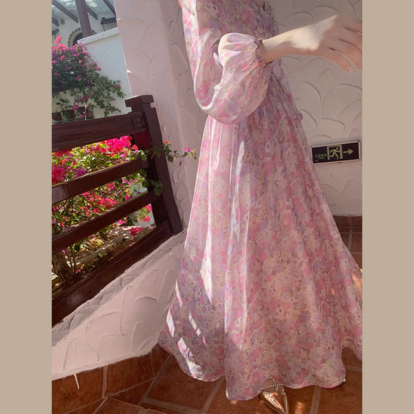 Trendy Fashion Design Fairy Square Collar Retro Long Sleeves Floral Dress