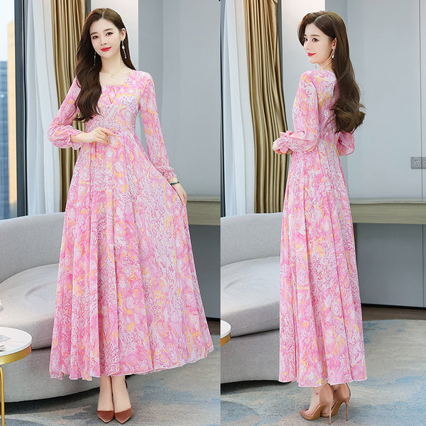 Chic Women Floral Chiffon V-neck Long Sleeved Knee Length Big Swing Dress
