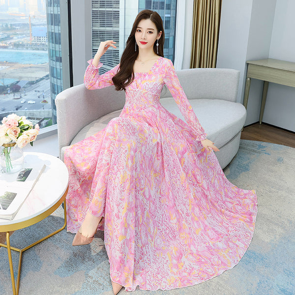 Chic Women Floral Chiffon V-neck Long Sleeved Knee Length Big Swing Dress