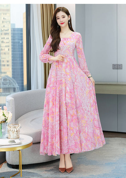 Chic Women Floral Chiffon V-neck Long Sleeved Knee Length Big Swing Dress