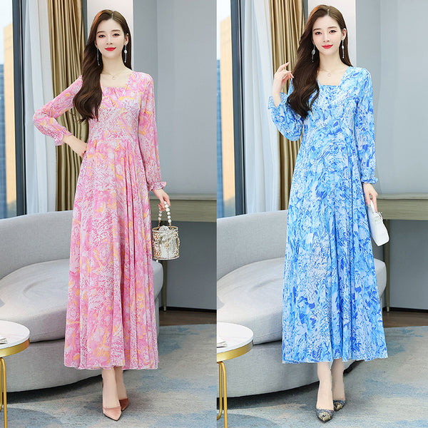 Chic Women Floral Chiffon V-neck Long Sleeved Knee Length Big Swing Dress