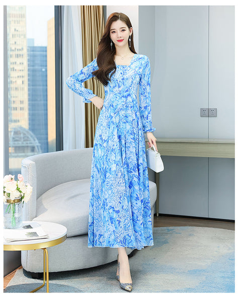 Chic Women Floral Chiffon V-neck Long Sleeved Knee Length Big Swing Dress
