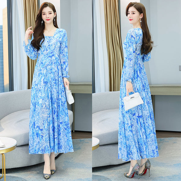 Chic Women Floral Chiffon V-neck Long Sleeved Knee Length Big Swing Dress