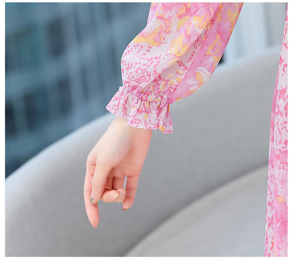 Chic Women Floral Chiffon V-neck Long Sleeved Knee Length Big Swing Dress
