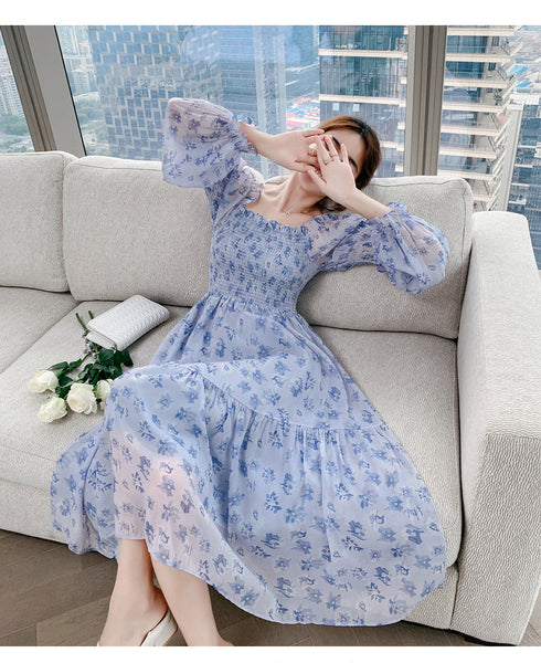 Long Sleeved Temperament Elastics Shoulder Comfortable Skirt Mesh Floral Fairy chiffon Dress