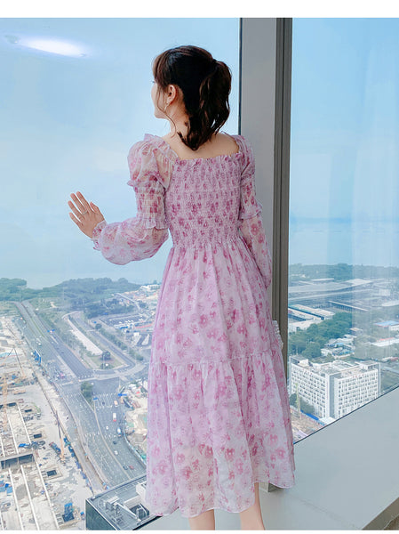 Long Sleeved Temperament Elastics Shoulder Comfortable Skirt Mesh Floral Fairy chiffon Dress