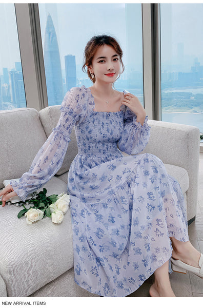 Long Sleeved Temperament Elastics Shoulder Comfortable Skirt Mesh Floral Fairy chiffon Dress