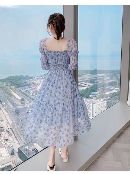 Long Sleeved Temperament Elastics Shoulder Comfortable Skirt Mesh Floral Fairy chiffon Dress