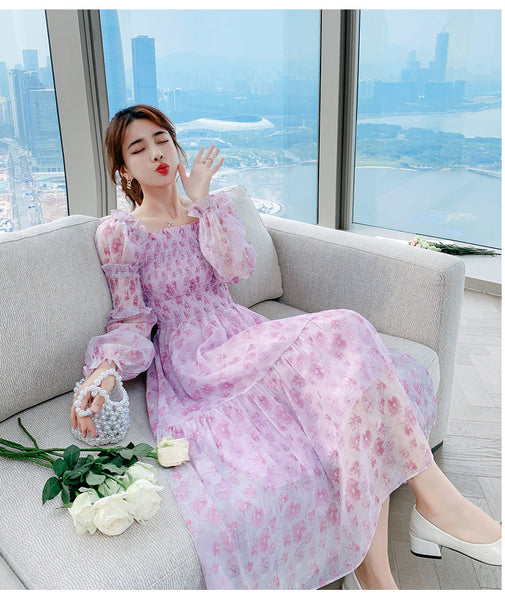 Long Sleeved Temperament Elastics Shoulder Comfortable Skirt Mesh Floral Fairy chiffon Dress