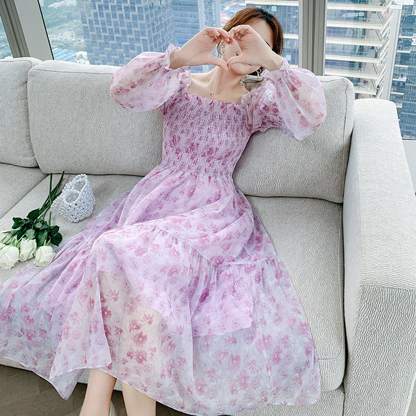 Long Sleeved Temperament Elastics Shoulder Comfortable Skirt Mesh Floral Fairy chiffon Dress