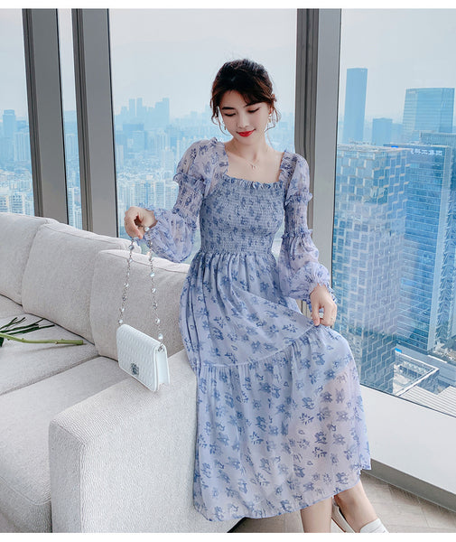 Long Sleeved Temperament Elastics Shoulder Comfortable Skirt Mesh Floral Fairy chiffon Dress