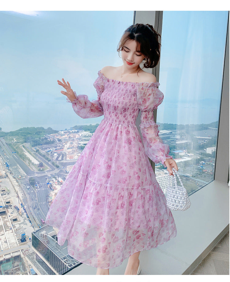Long Sleeved Temperament Elastics Shoulder Comfortable Skirt Mesh Floral Fairy chiffon Dress