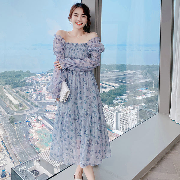 Long Sleeved Temperament Elastics Shoulder Comfortable Skirt Mesh Floral Fairy chiffon Dress