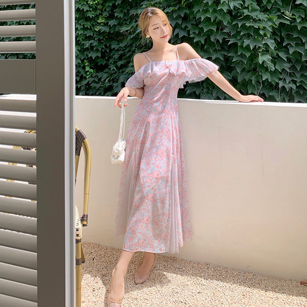 One Shoulder Floral Fairy Sweet Chiffon Fairy Floral A line Dress