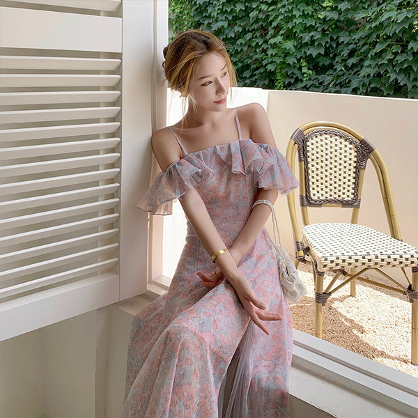 One Shoulder Floral Fairy Sweet Chiffon Fairy Floral A line Dress