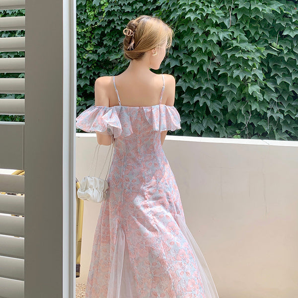 One Shoulder Floral Fairy Sweet Chiffon Fairy Floral A line Dress