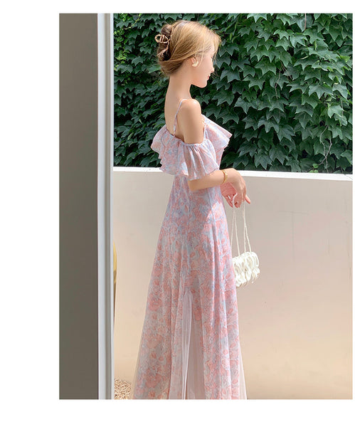 One Shoulder Floral Fairy Sweet Chiffon Fairy Floral A line Dress