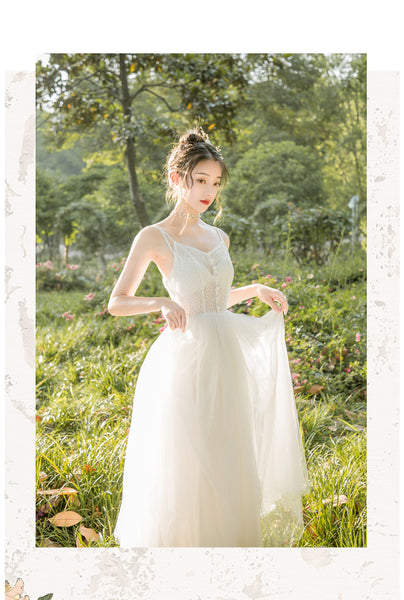 Sweet Elegant Stylish White Mesh Lace Romance Gauze Hollow Slip Big Swing Dress