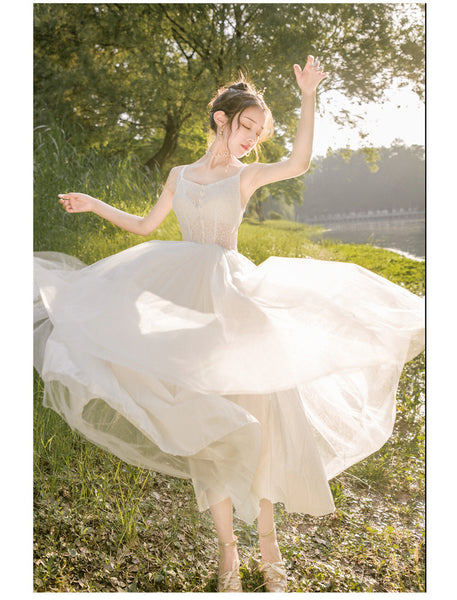 Sweet Elegant Stylish White Mesh Lace Romance Gauze Hollow Slip Big Swing Dress