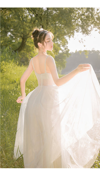 Sweet Elegant Stylish White Mesh Lace Romance Gauze Hollow Slip Big Swing Dress