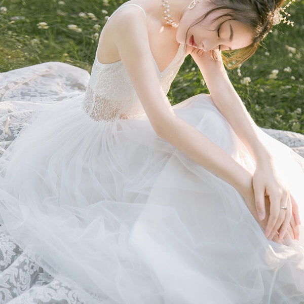 Sweet Elegant Stylish White Mesh Lace Romance Gauze Hollow Slip Big Swing Dress