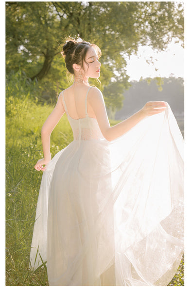 Sweet Elegant Stylish White Mesh Lace Romance Gauze Hollow Slip Big Swing Dress