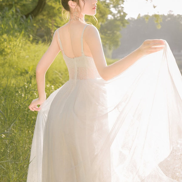 Sweet Elegant Stylish White Mesh Lace Romance Gauze Hollow Slip Big Swing Dress