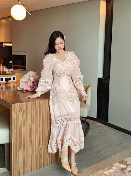 Maxi Embroidery V Neck Ruffles Bell Puff Sleeve Slip Stitching Dress