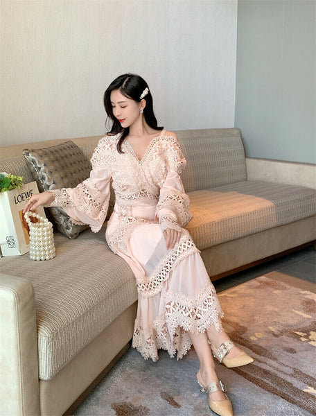Maxi Embroidery V Neck Ruffles Bell Puff Sleeve Slip Stitching Dress
