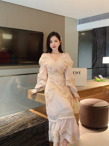 Maxi Embroidery V Neck Ruffles Bell Puff Sleeve Slip Stitching Dress