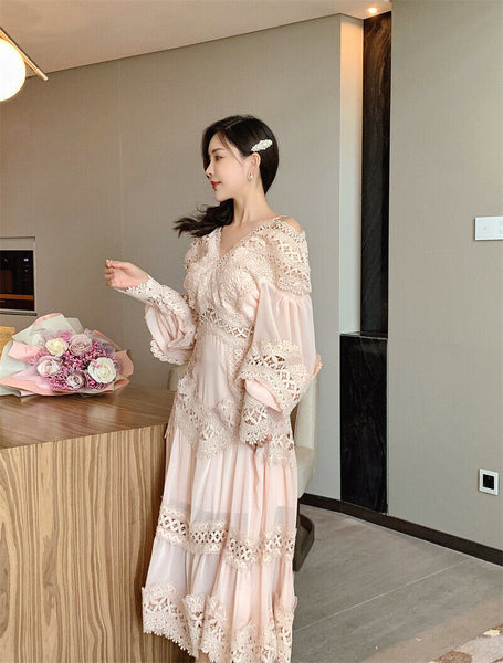 Maxi Embroidery V Neck Ruffles Bell Puff Sleeve Slip Stitching Dress