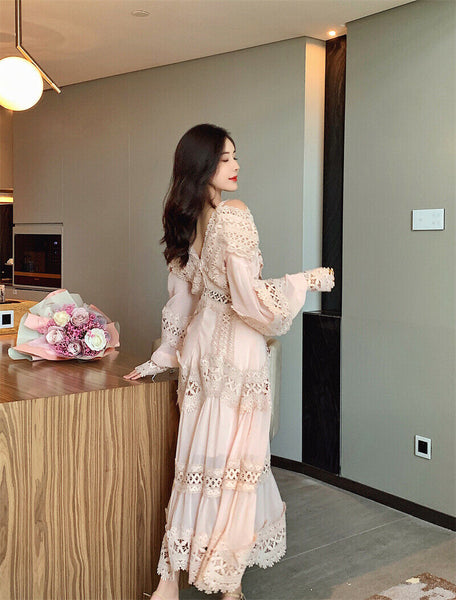 Maxi Embroidery V Neck Ruffles Bell Puff Sleeve Slip Stitching Dress