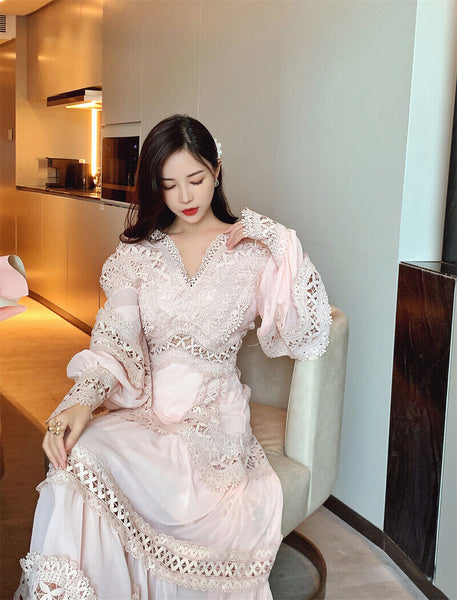 Maxi Embroidery V Neck Ruffles Bell Puff Sleeve Slip Stitching Dress