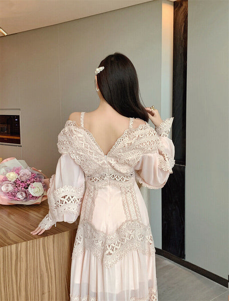 Maxi Embroidery V Neck Ruffles Bell Puff Sleeve Slip Stitching Dress