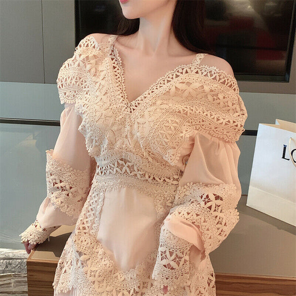 Maxi Embroidery V Neck Ruffles Bell Puff Sleeve Slip Stitching Dress