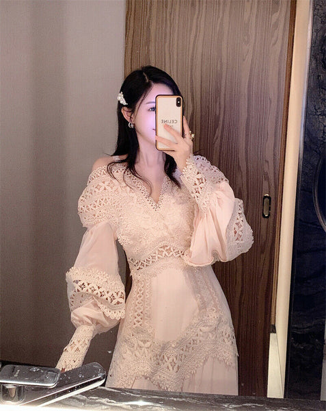 Maxi Embroidery V Neck Ruffles Bell Puff Sleeve Slip Stitching Dress