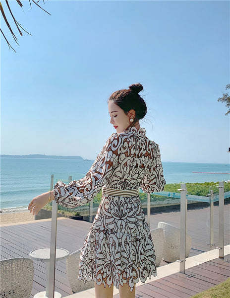 Attractive Lace Hollow Floral Stand Collar Puff Shoulder Long Sleeved Dress with Belt